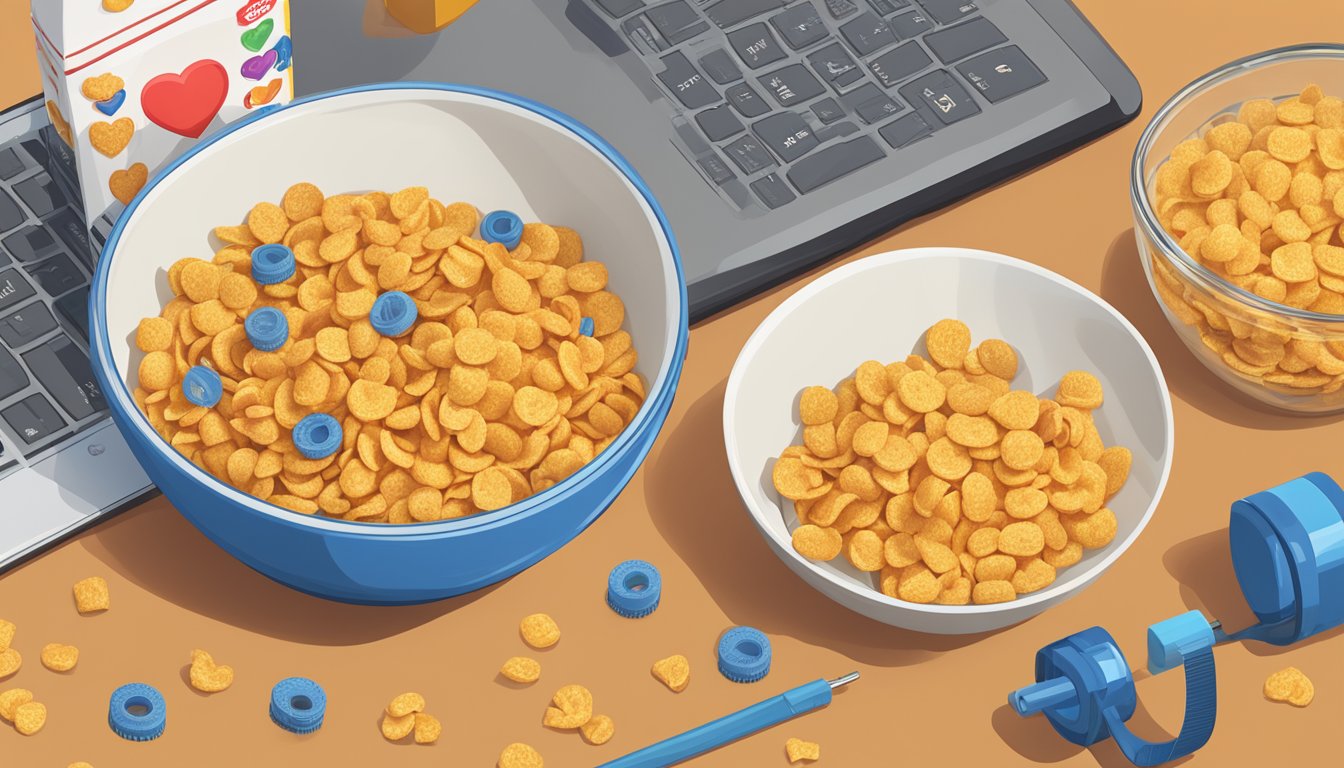 A bowl of Cap'n Crunch and Crispix cereal next to each other, surrounded by a tape measure, apple, and heart rate monitor