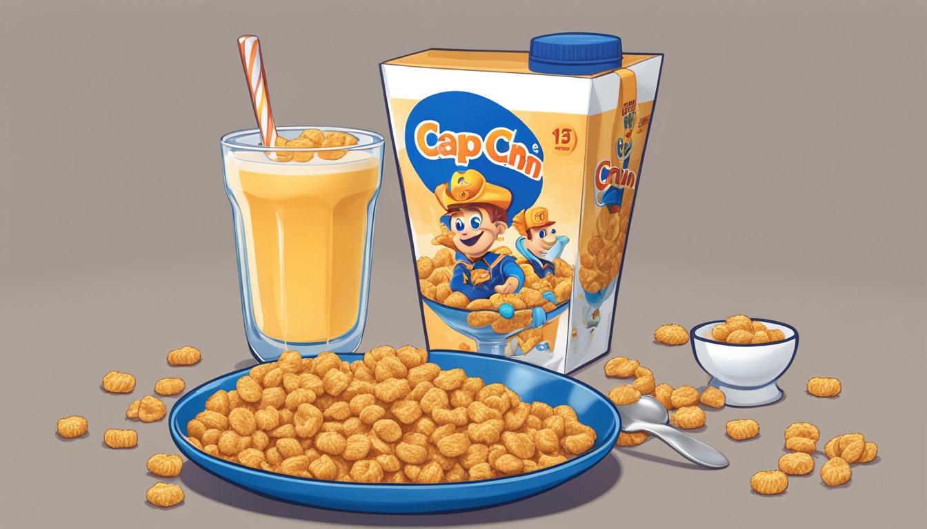 A bowl of Cap'n Crunch cereal next to a bowl of Kaboom cereal, with a glass of milk and a spoon on the side