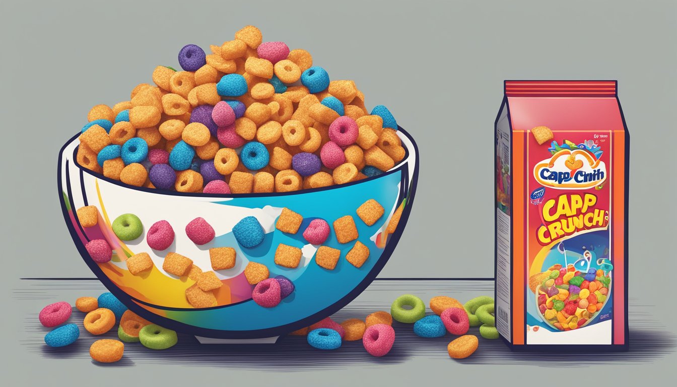 A bowl of Cap'n Crunch and a bowl of Kellogg's Froot Loops side by side, surrounded by colorful cereal boxes and a variety of fruit