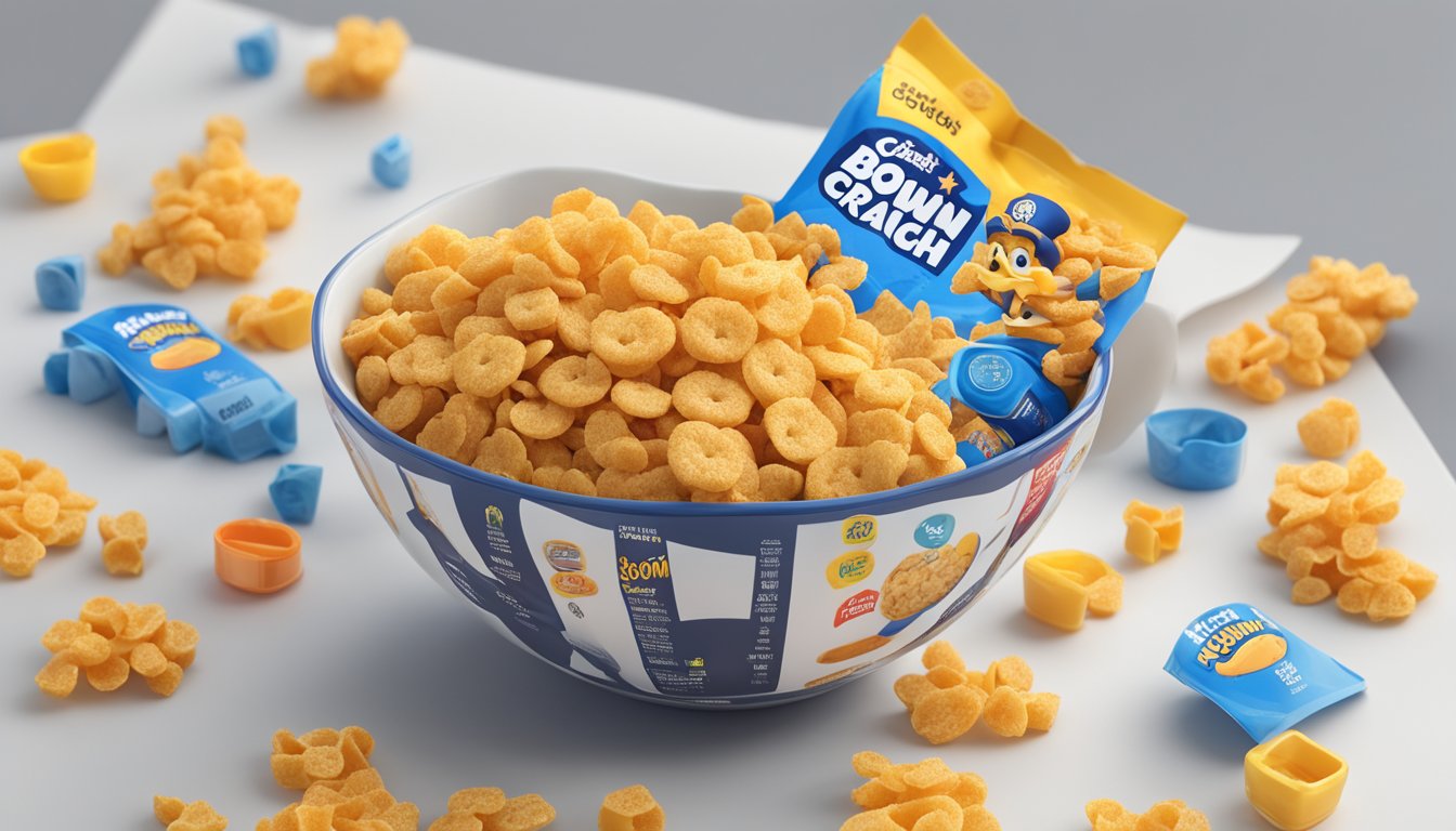 A bowl of Cap'n Crunch and Kaboom cereal next to each other, surrounded by nutritional information labels and a measuring tape