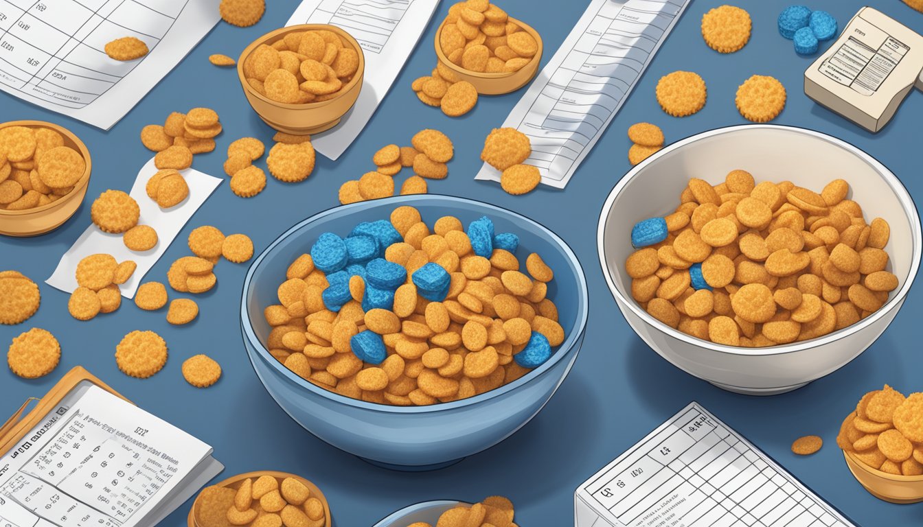 A bowl of Cap'n Crunch and a bowl of Crispix surrounded by nutritional labels and a scale