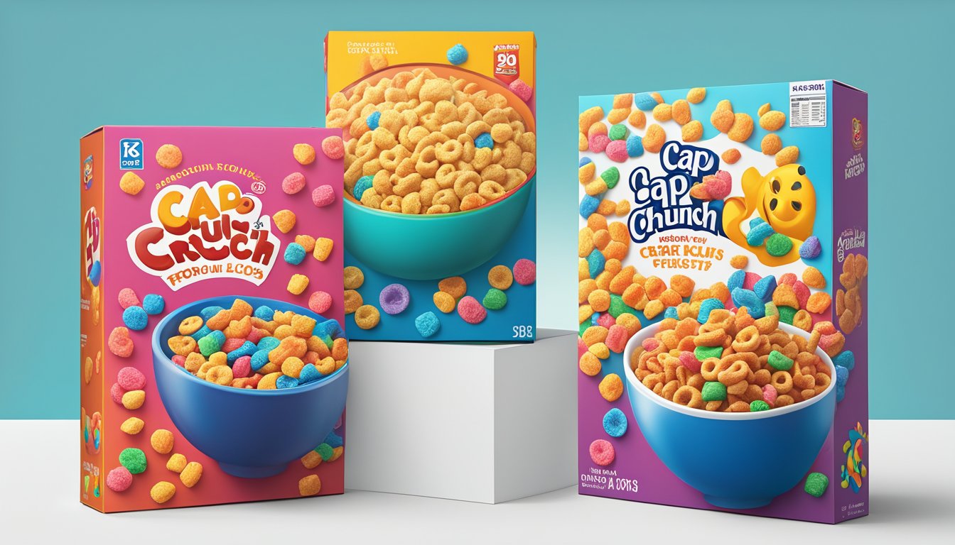 A bowl of Cap'n Crunch and a bowl of Kellogg's Froot Loops side by side, surrounded by colorful cereal boxes