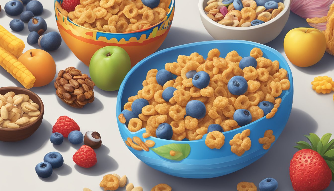 A bowl of Cap'n Crunch cereal next to a bowl of Kaboom cereal, surrounded by a variety of fruits and nuts