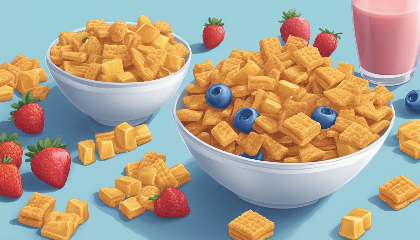 A bowl of Cap'n Crunch and a bowl of Crispix side by side, surrounded by various fruits and a glass of milk