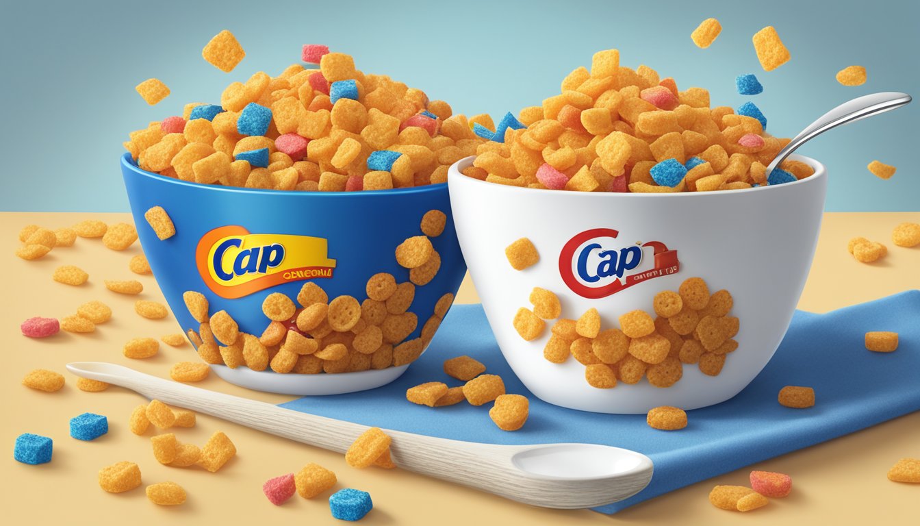 A bowl of Cap'n Crunch and Crispix sit side by side, surrounded by a glass of milk and a spoon. The colorful cereal pieces contrast against the white bowl