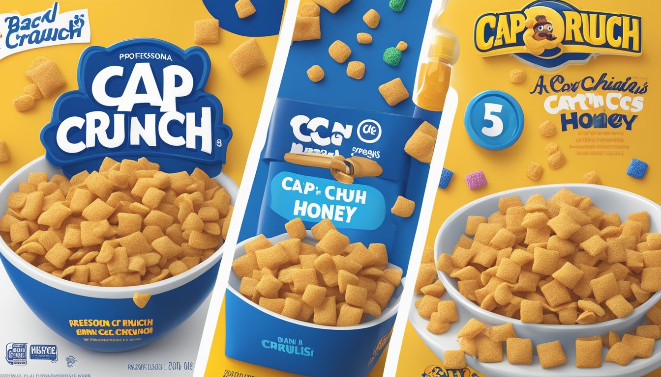 A bowl of Cap'n Crunch and Honey Oh's side by side, with nutrition labels displayed next to each cereal box