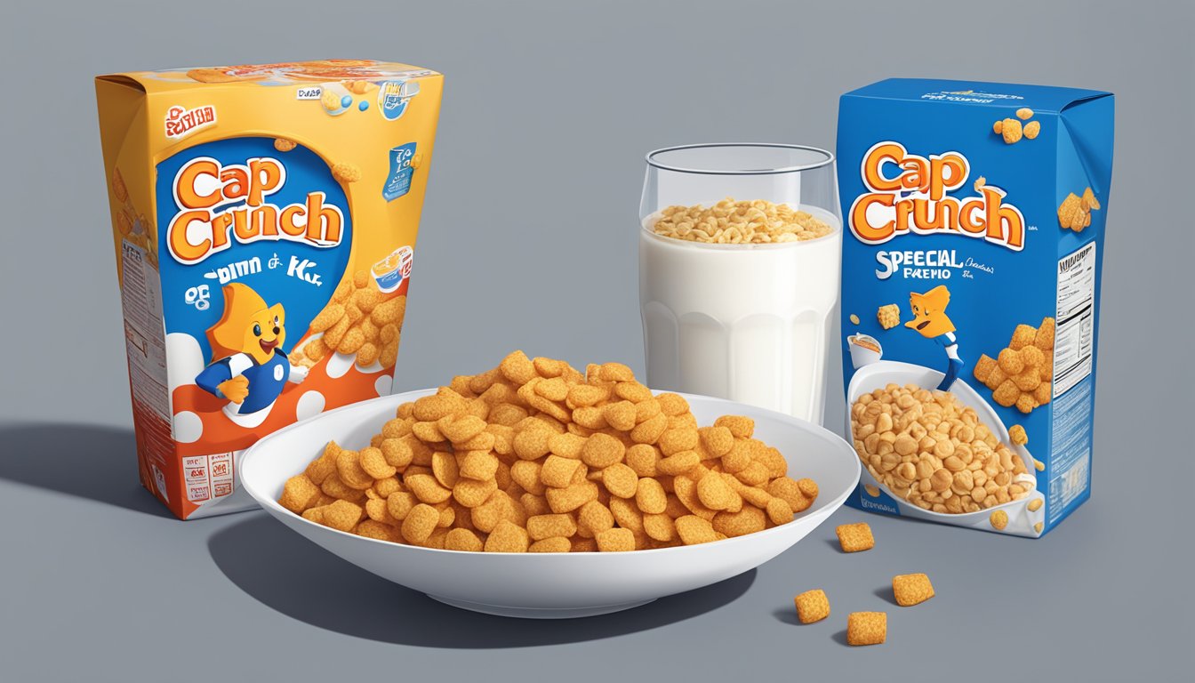 A bowl of Cap'n Crunch next to a bowl of Special K, surrounded by milk cartons and cereal boxes