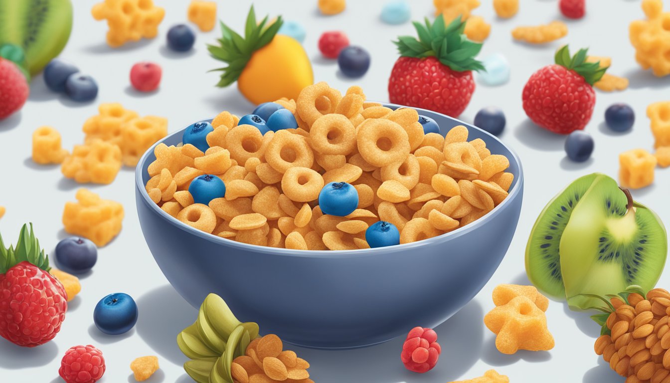 A bowl of Cap'n Crunch and Krave cereal side by side, surrounded by a variety of colorful fruits and a glass of milk