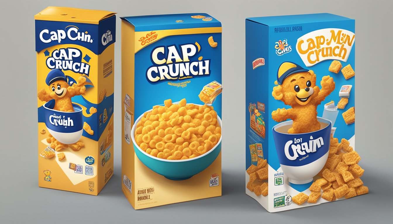 A bowl of Cap'n Crunch and a bowl of Honey Ohs sit side by side on a table, surrounded by milk cartons and cereal boxes