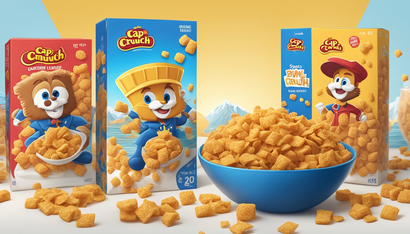 A bowl of Cap'n Crunch and Special K cereal side by side with their respective boxes behind them