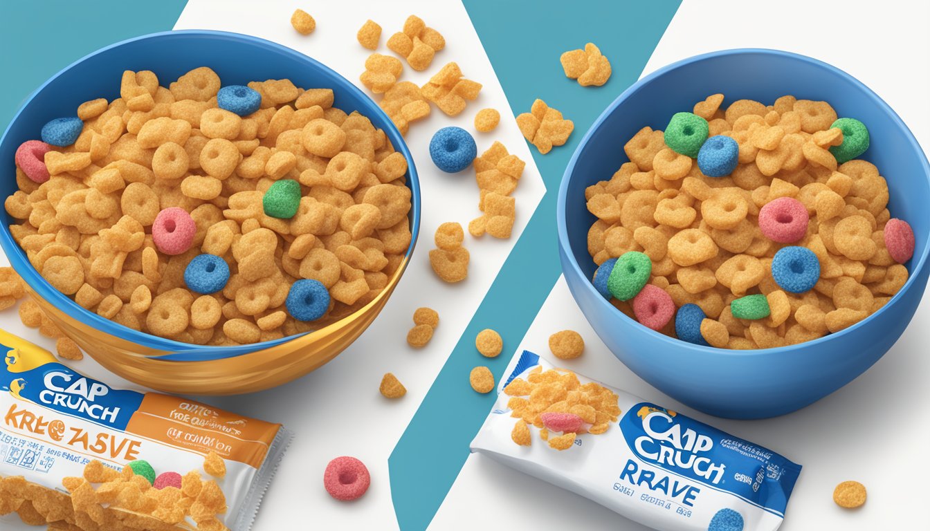 A bowl of Cap'n Crunch and Krave cereal side by side, with a nutrition label next to each