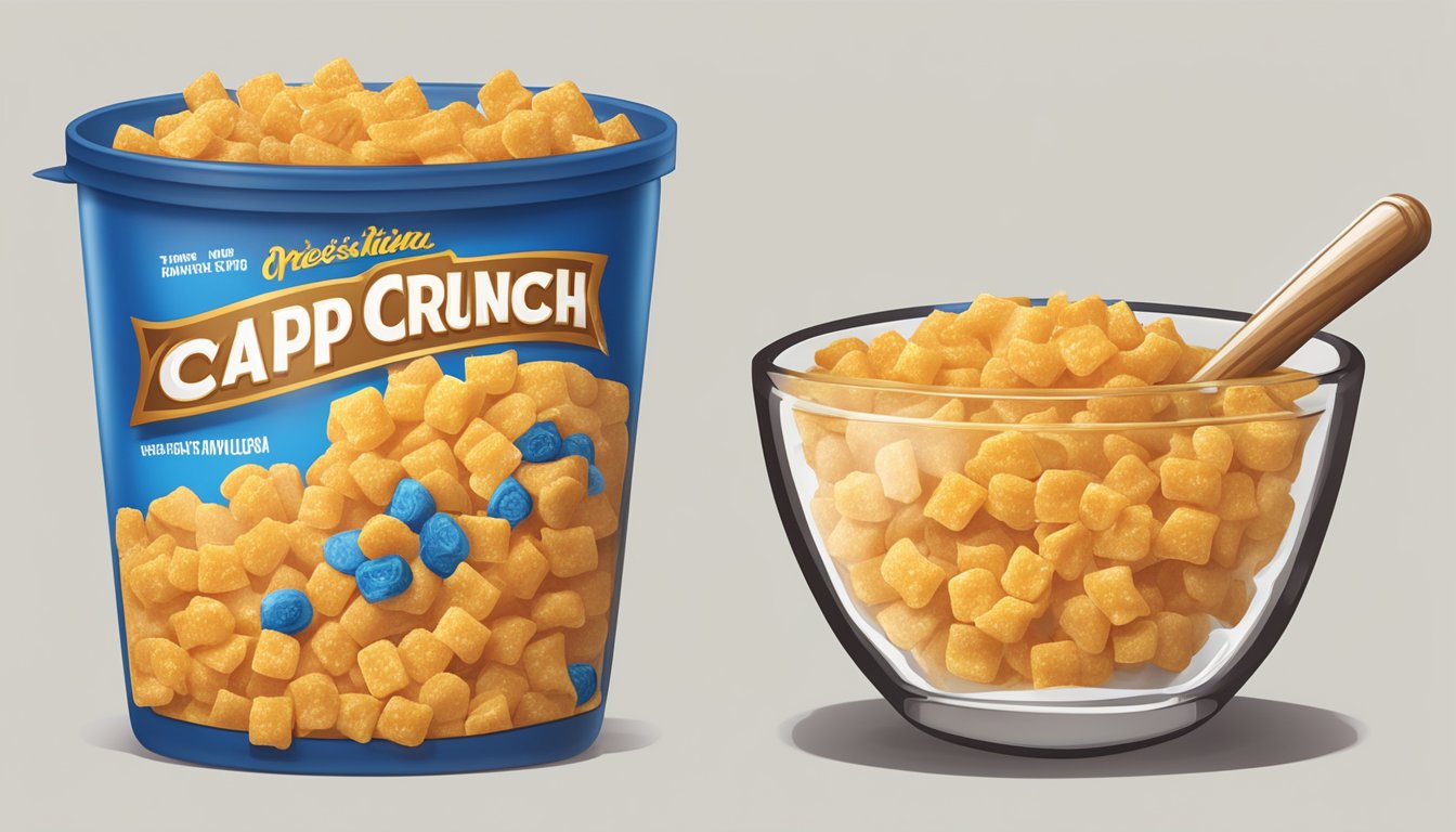 A bowl of Cap'n Crunch and a bowl of Honey Ohs side by side, with a measuring tape and nutrition labels nearby