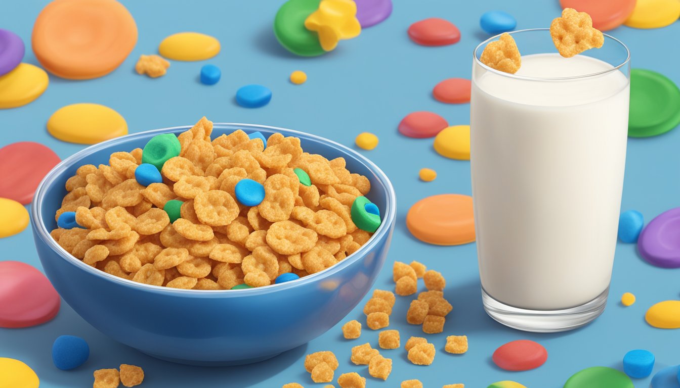 A bowl of Cap'n Crunch and Krave cereal next to each other, with a glass of milk and a spoon, surrounded by colorful cereal pieces