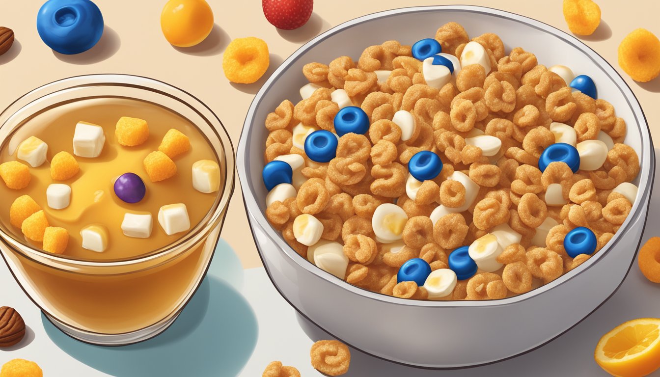 A bowl of Cap'n Crunch and a bowl of Honey Ohs side by side, surrounded by various ingredients like milk, fruit, and nuts