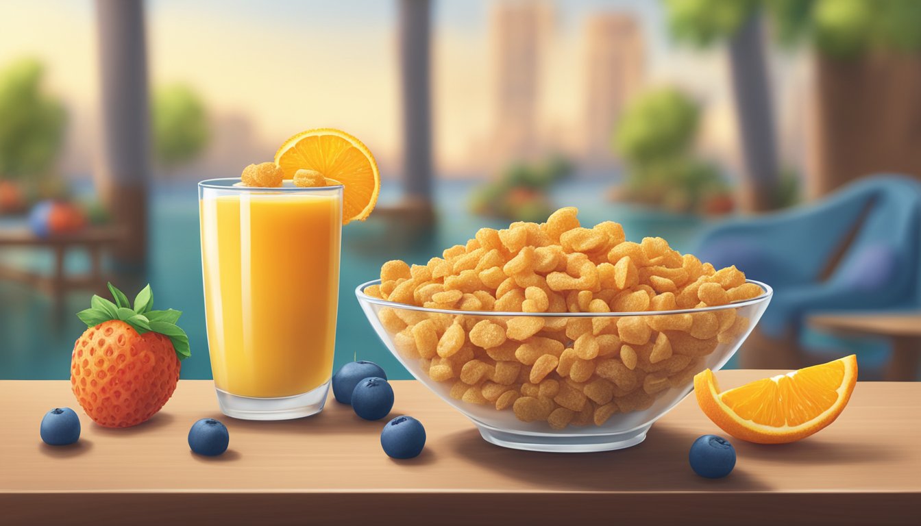 A bowl of Cap'n Crunch and a bowl of Special K sit side by side on a table, surrounded by fresh fruit and a glass of orange juice