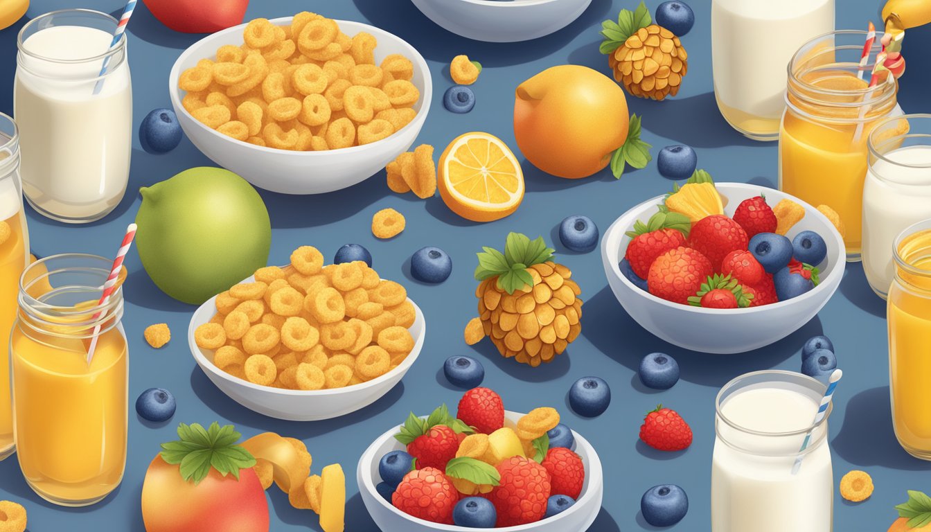 A bowl of Cap'n Crunch and a bowl of Honey Ohs side by side, with a variety of fresh fruits and a glass of milk next to them