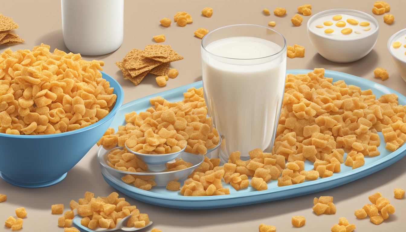 A bowl of Cap'n Crunch and Krave cereal side by side, surrounded by milk and scattered cereal pieces