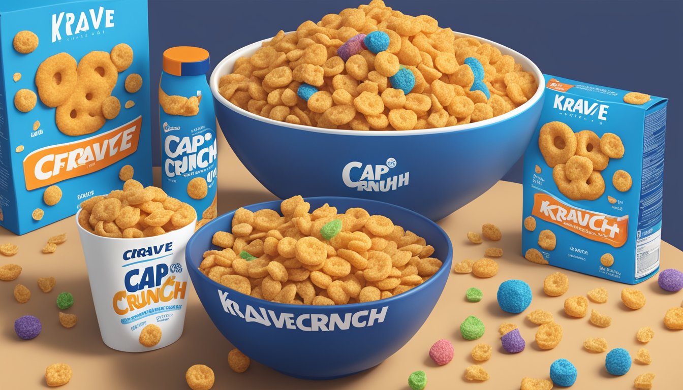 A bowl of Cap'n Crunch cereal next to a bowl of Krave cereal, surrounded by their respective ingredient and additive labels