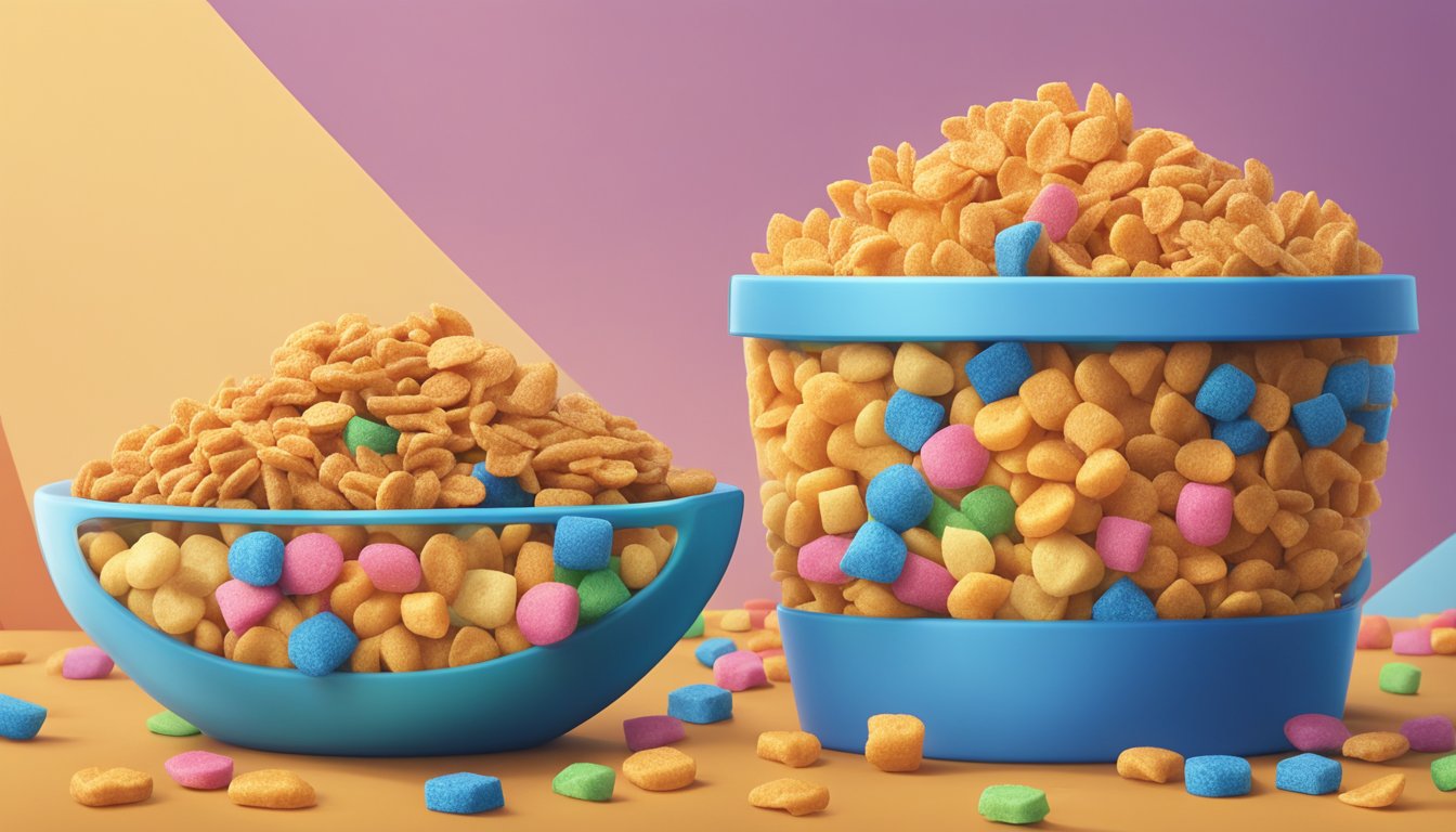 A bowl of Cap'n Crunch and Krave cereal sit side by side on a table, surrounded by colorful milk cartons and scattered cereal pieces