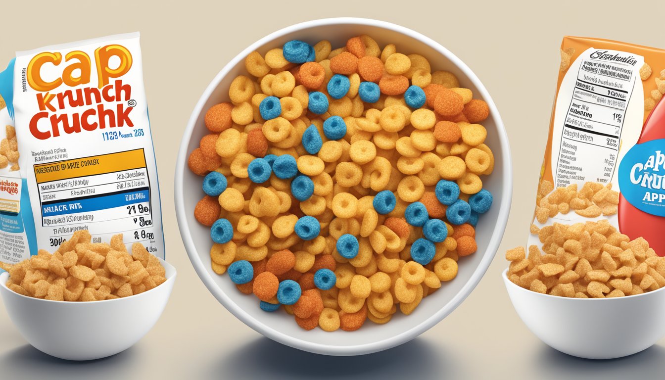 A bowl of Cap'n Crunch and Kellogg's Apple Jacks side by side with their respective nutritional information displayed next to them