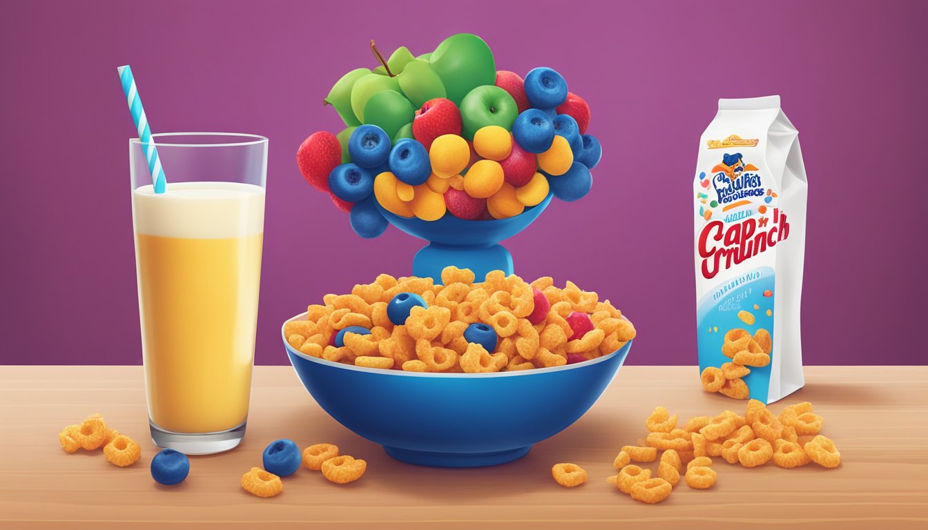 A bowl of Cap'n Crunch and a bowl of Kellogg's Apple Jacks on a table, surrounded by colorful fruit and a glass of milk