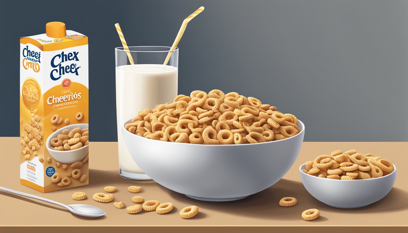 A bowl of Cheerios and a bowl of Chex cereal sit side by side on a table, surrounded by fresh fruit and a glass of milk