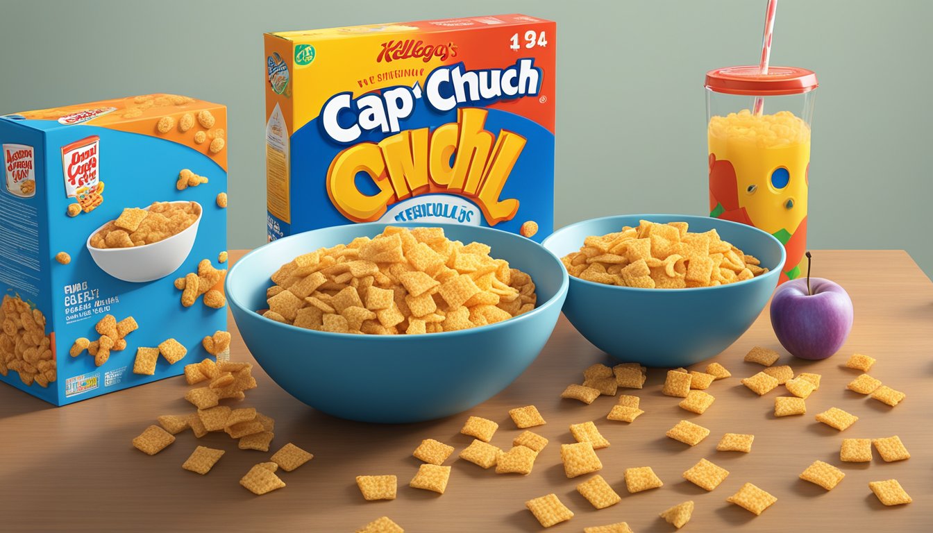 A bowl of Cap'n Crunch cereal next to a bowl of Kellogg's Apple Jacks with a measuring tape and apple and a box of each cereal in the background