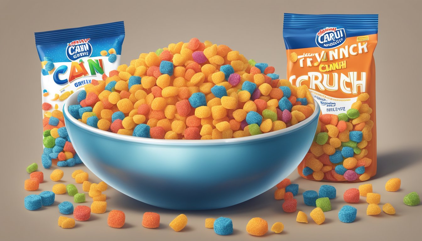 A bowl of Cap'n Crunch and a bowl of Trix side by side, with nutritional labels and a magnifying glass next to them