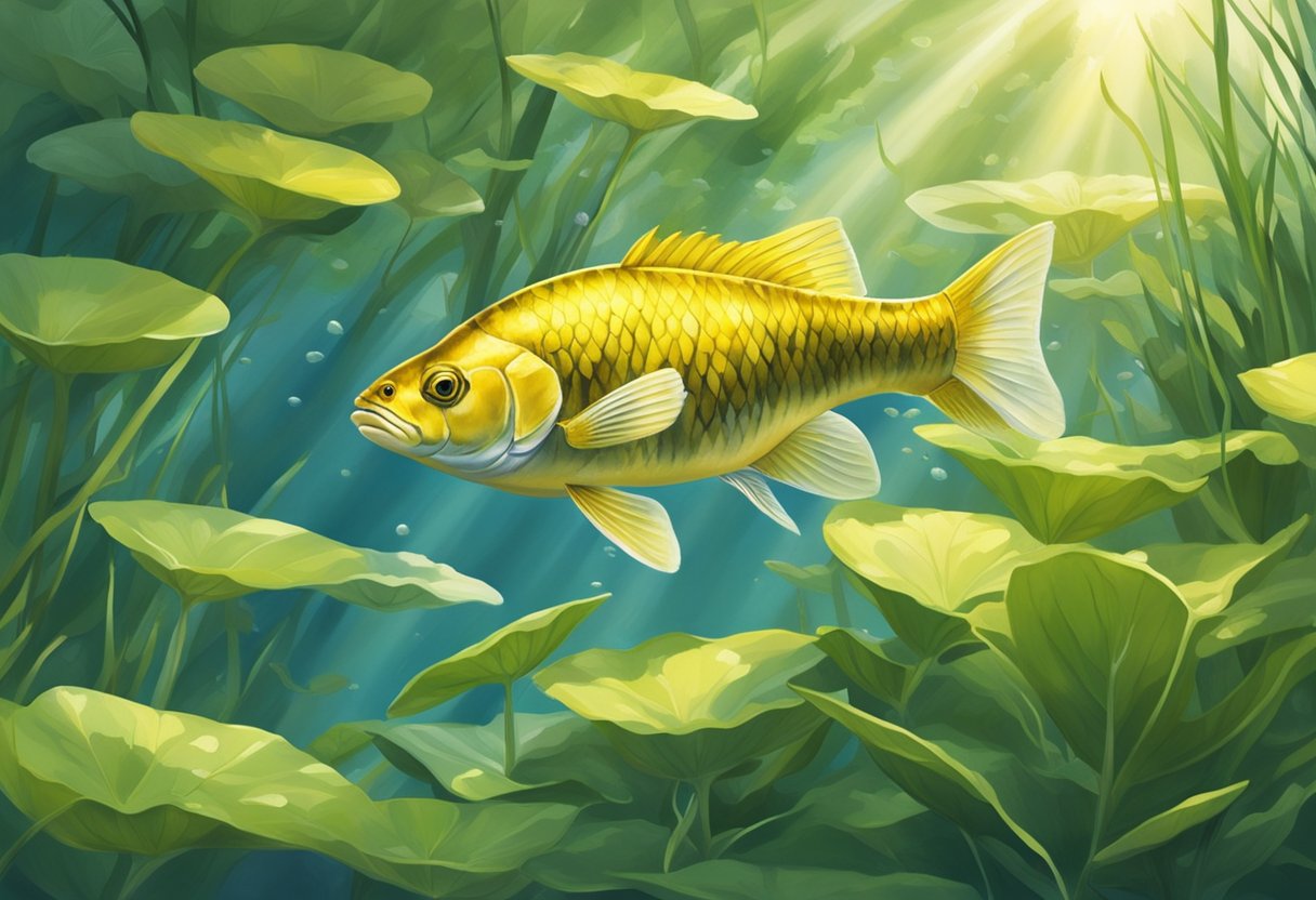 A golden rudd swims gracefully in a clear, tranquil pond, surrounded by lush green aquatic plants and dappled sunlight filtering through the water