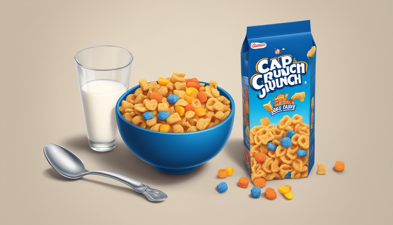 A bowl of Cap'n Crunch and Kellogg's Apple Jacks side by side, with a glass of milk and a spoon