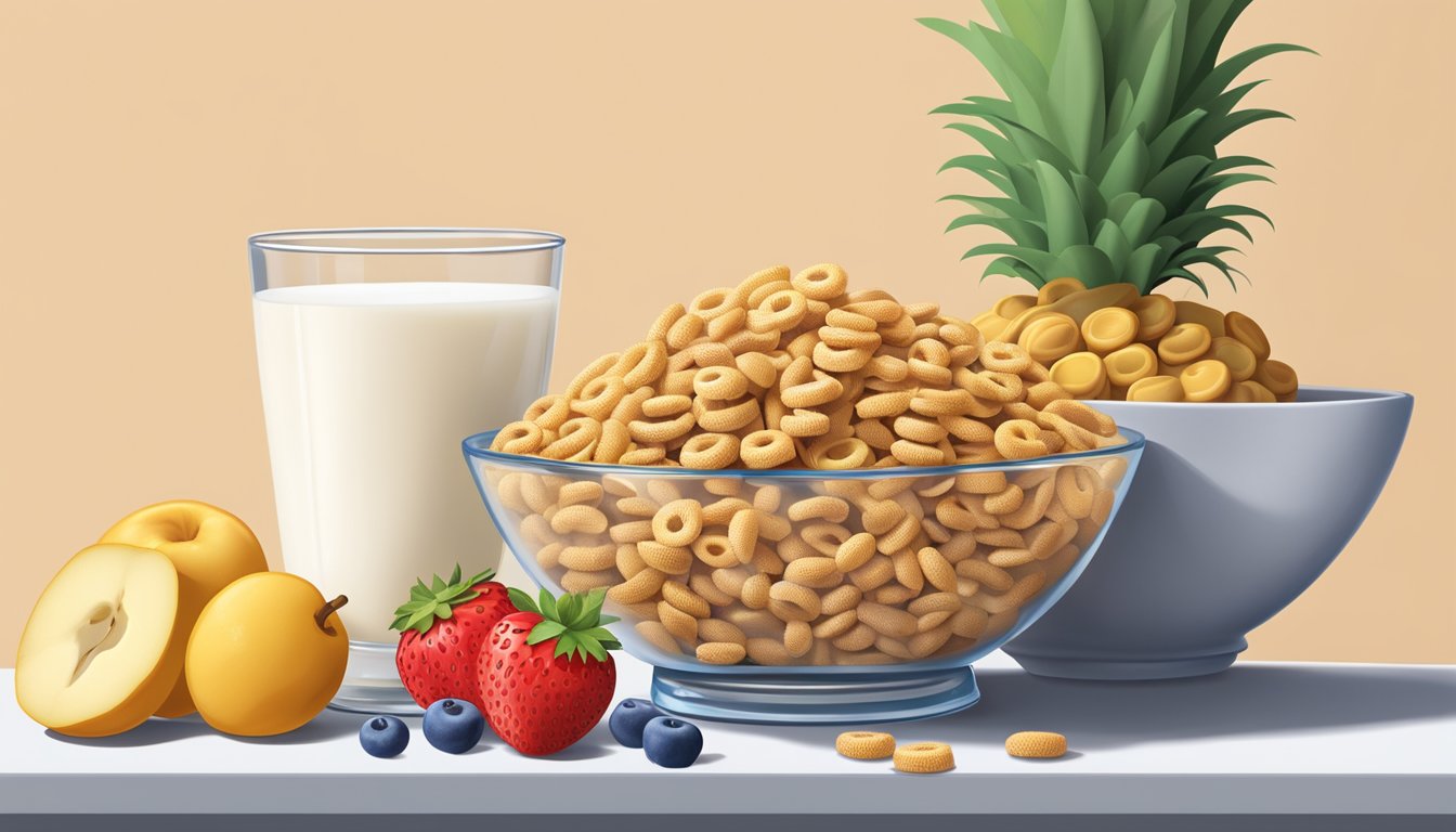 A bowl of Cheerios and Chex side by side, surrounded by fresh fruit and a glass of milk, with a measuring tape in the background