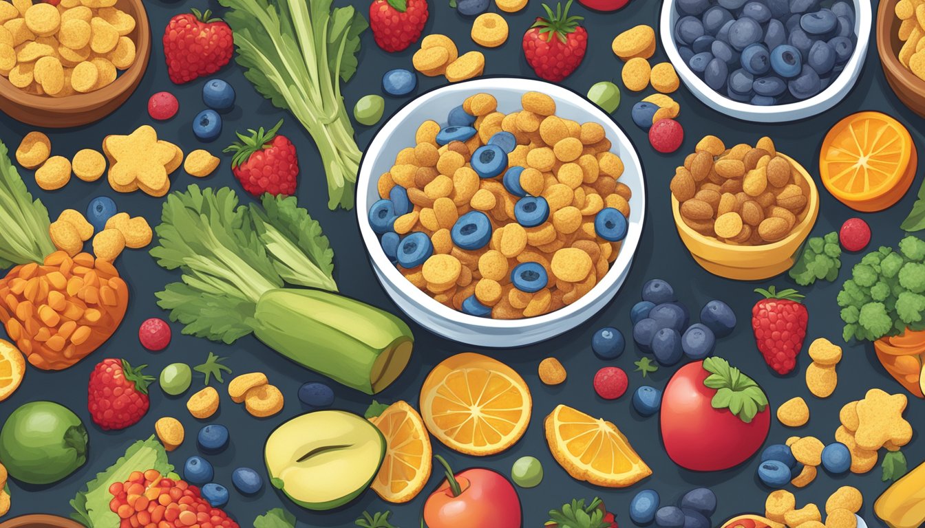 A bowl of Cap'n Crunch and a bowl of Trix surrounded by various fruits and vegetables, with nutrient labels displayed next to each cereal