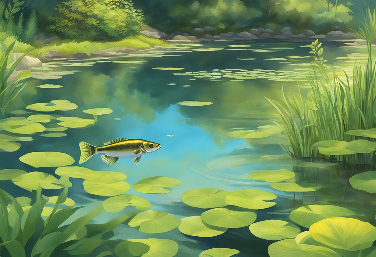 A serene pond with clear water, lush aquatic plants, and ample hiding spots for Golden Rudd. Sunshine filters through the surface, creating a tranquil and ideal environment for the fish