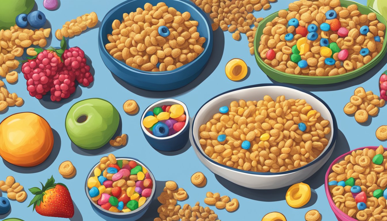 A bowl of Cap'n Crunch and a bowl of Trix cereal sit side by side on a table, surrounded by a variety of fruits and whole grains