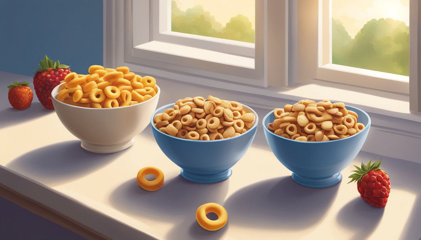 A bowl of Cheerios and a bowl of Chex sit side by side, surrounded by fresh fruit and a glass of milk. The morning sun streams in through a window, casting a warm glow over the scene