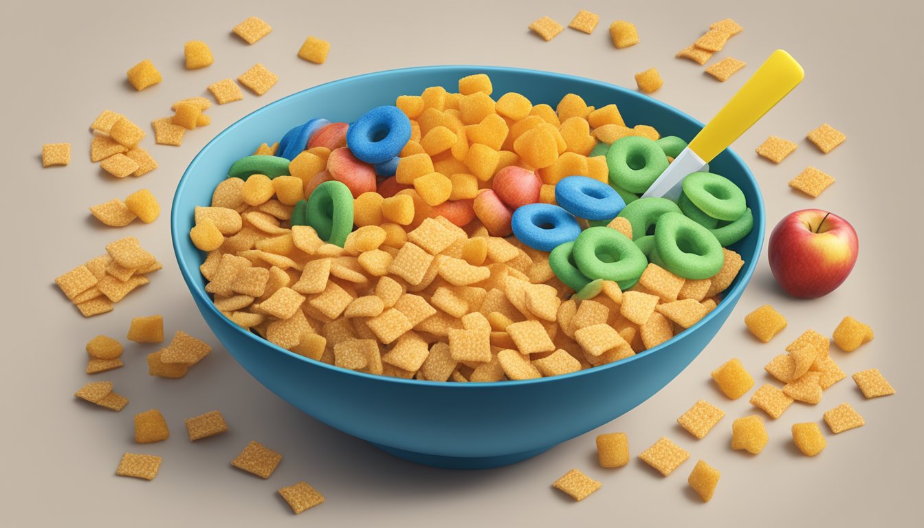 A bowl of Cap'n Crunch and Kellogg's Apple Jacks surrounded by nutritional labels and a measuring tape