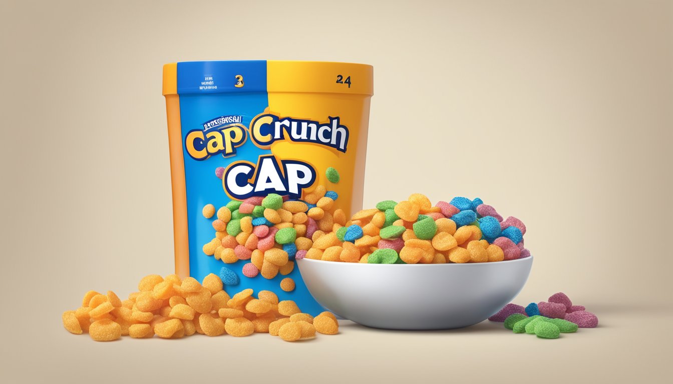 A bowl of Cap'n Crunch and a bowl of Trix sit side by side, surrounded by nutritional labels and a pair of measuring scales