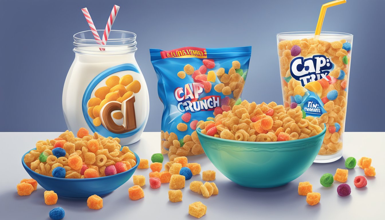 A bowl of Cap'n Crunch and Trix cereal sit side by side on a table, surrounded by fresh fruit and a glass of milk