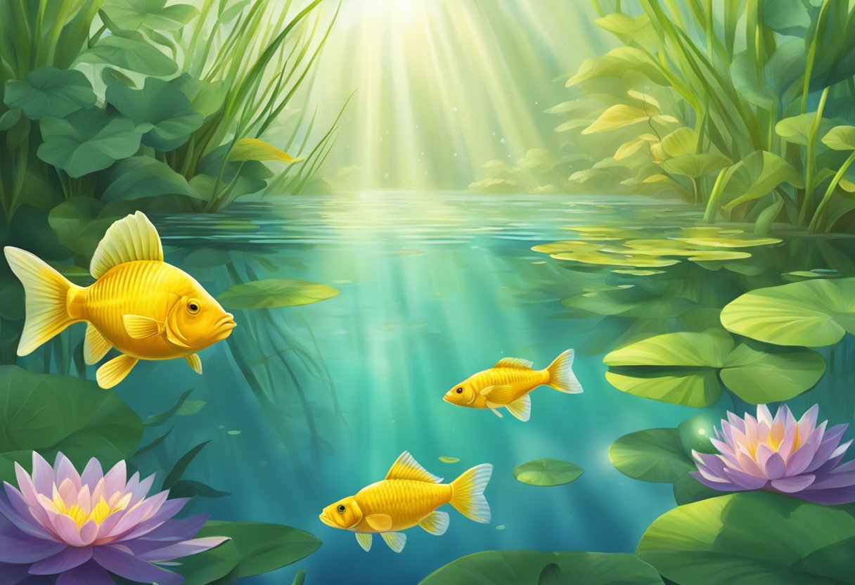 A serene pond with clear water and lush aquatic plants, where a group of golden rudd swim gracefully, their vibrant scales catching the sunlight