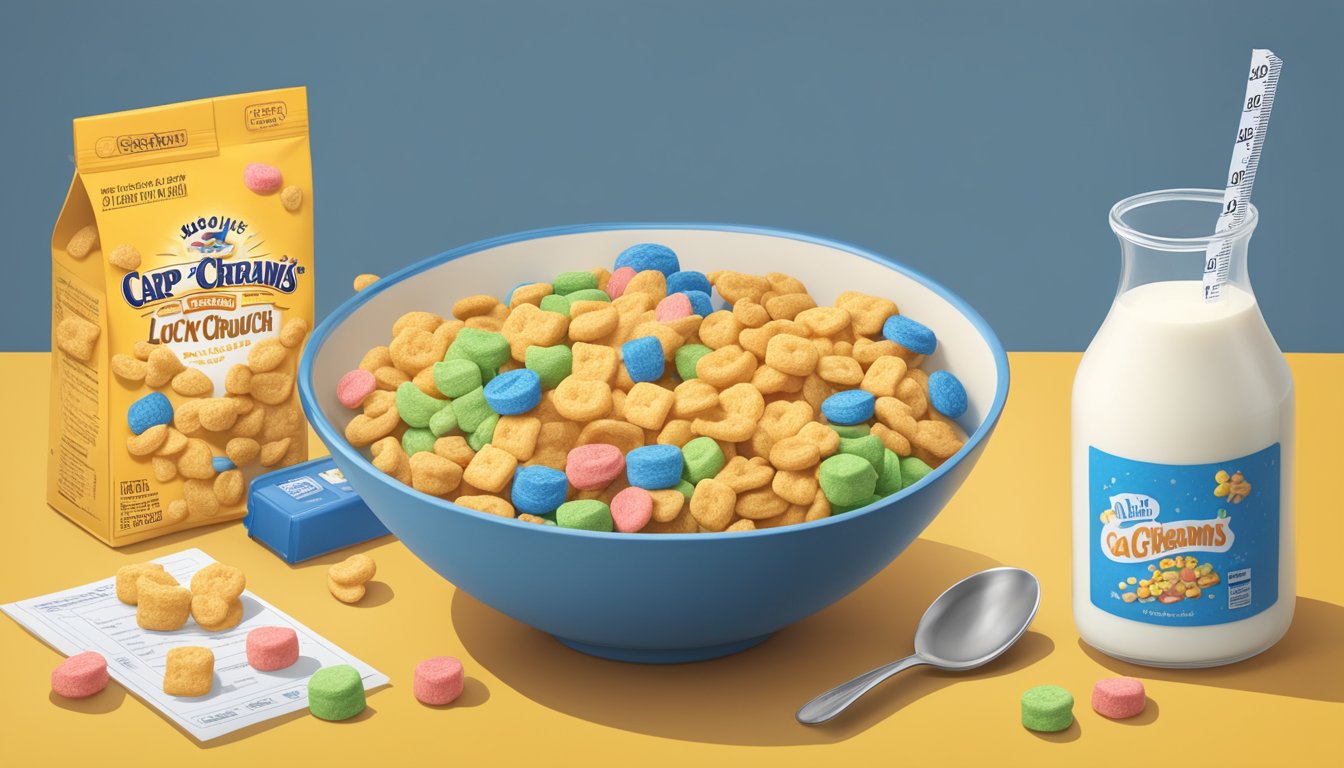 A bowl of Cap'n Crunch and Lucky Charms side by side, surrounded by milk and a spoon, with a measuring tape and nutritional information in the background