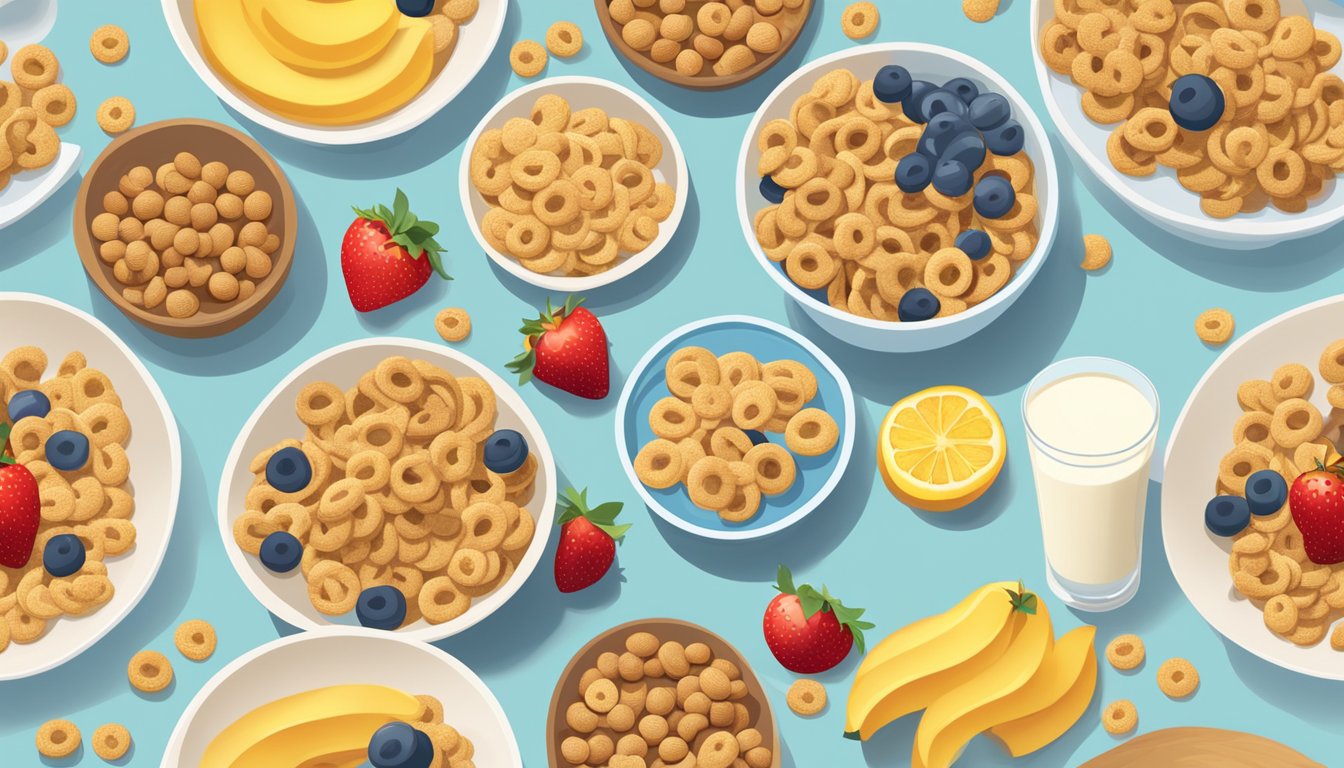 A bowl of Cheerios and a bowl of Cookie Crisp sit side by side, surrounded by a variety of fruits and a glass of milk