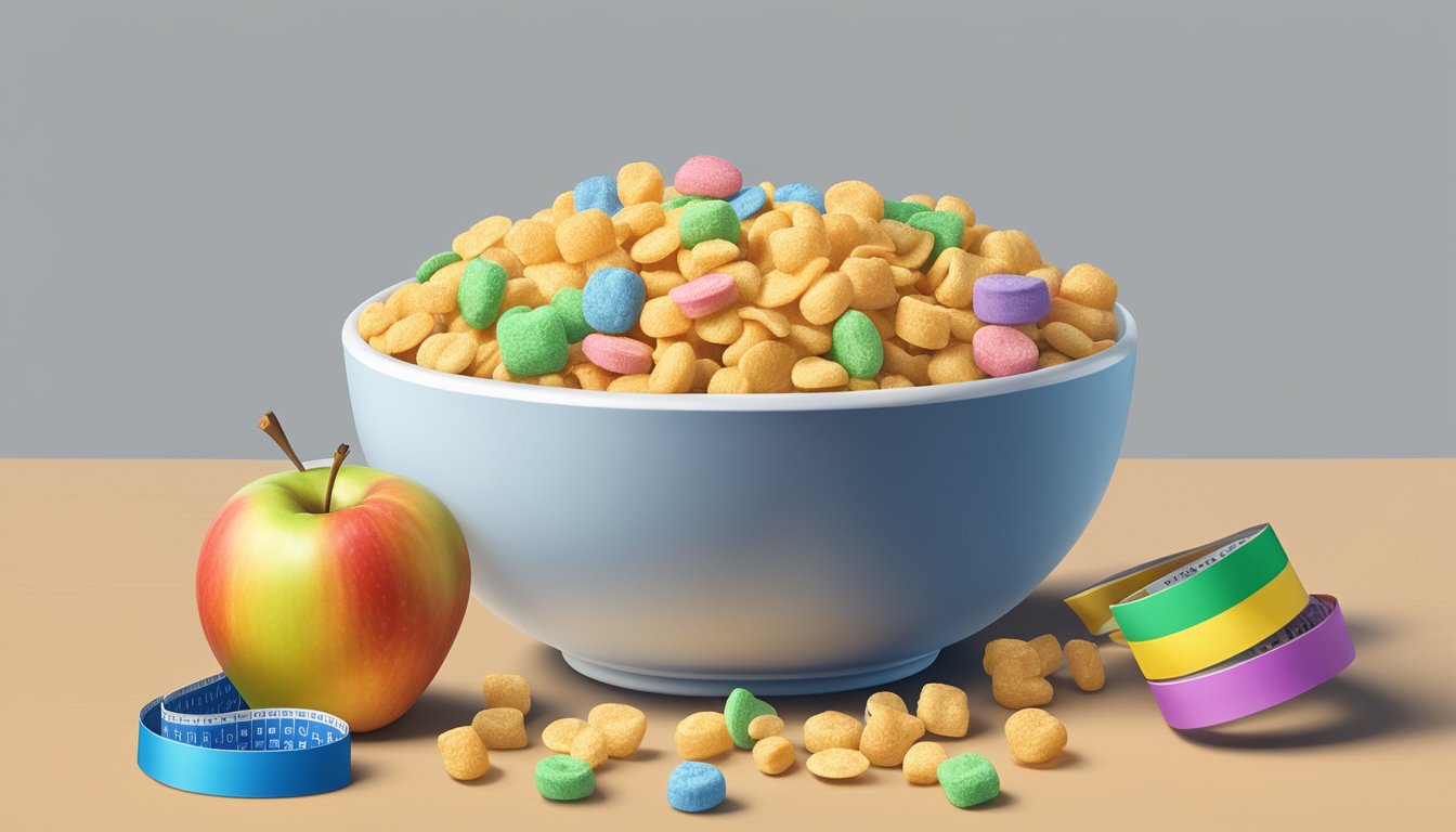 A bowl of Cap'n Crunch and Lucky Charms side by side, surrounded by a tape measure, an apple, and a nutrition label