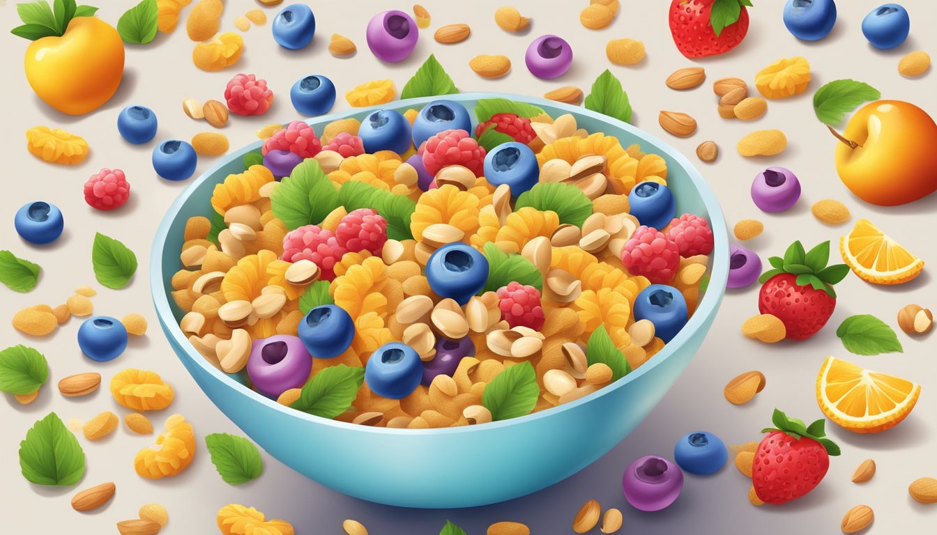 A bowl of colorful cereal spills from a box, surrounded by a variety of wholesome, natural ingredients like fruit, nuts, and grains