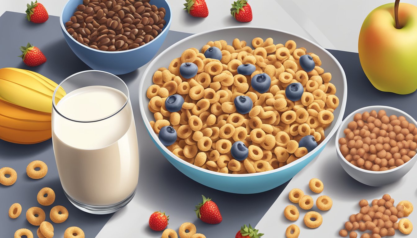 A bowl of Cheerios and a bowl of Cocoa Krispies surrounded by various fruits and a glass of milk