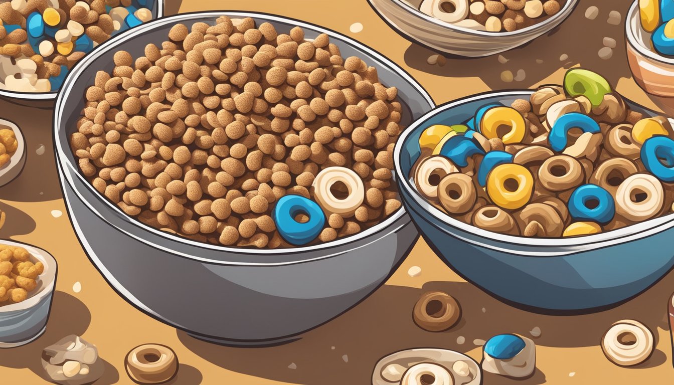 A bowl of Cheerios and a bowl of Cocoa Krispies surrounded by various ingredients and additives, with a question mark above them