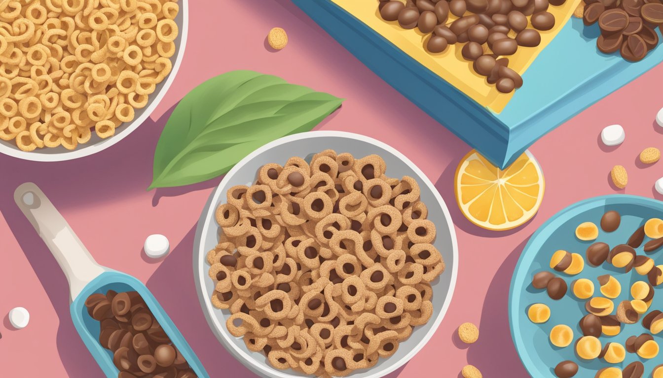 A bowl of Cheerios and a bowl of Cocoa Krispies surrounded by various healthy food items