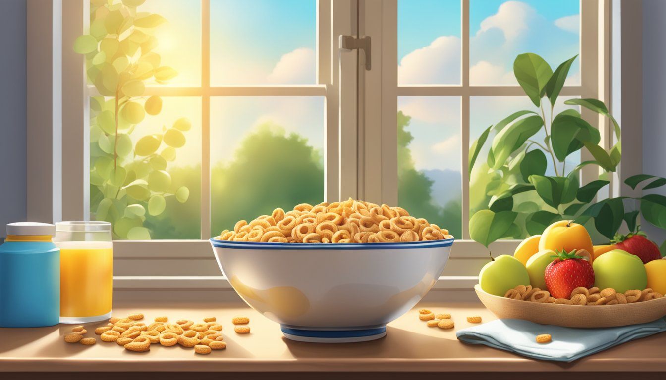 A vibrant cereal bowl with fresh fruit and green leaves next to a box of Cheerios and Cookie Crisp. The sun shines through a window onto the scene