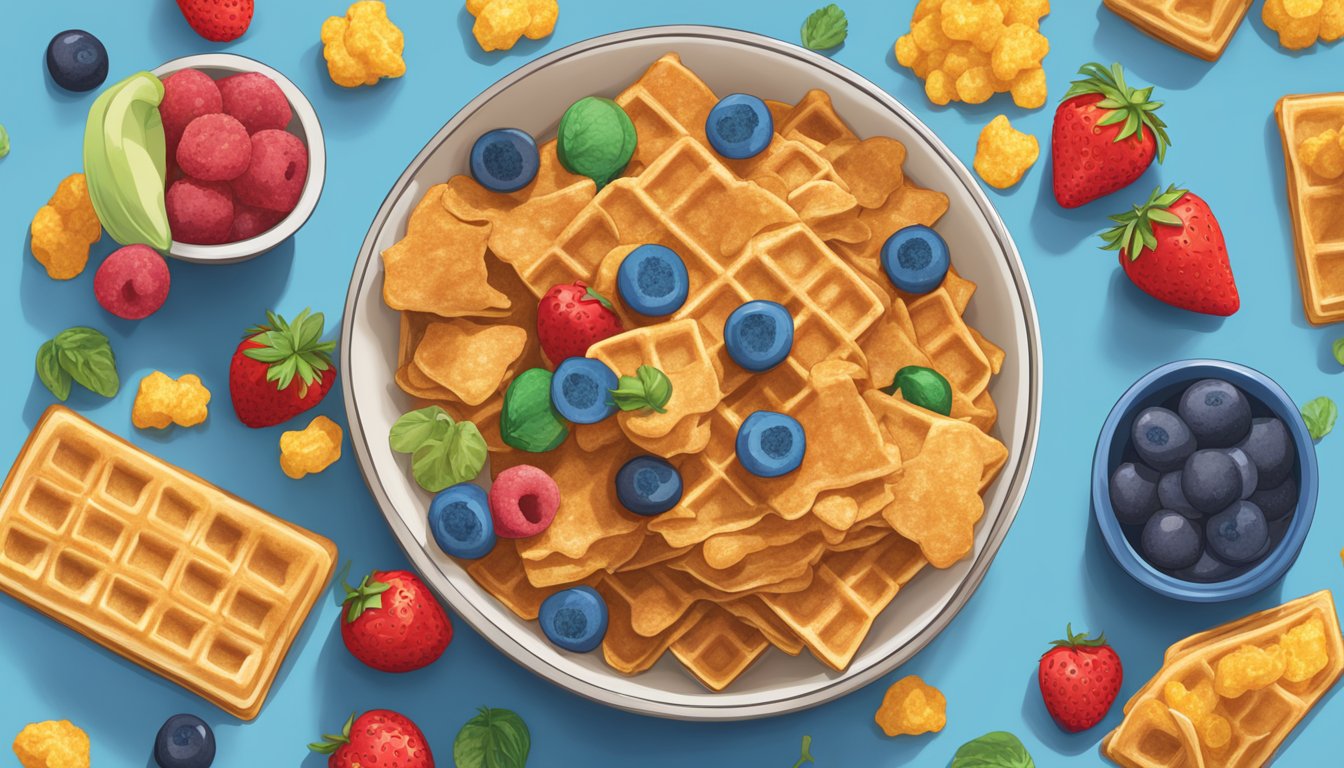 A bowl of Cap'n Crunch and a bowl of Waffle Crisp side by side, with a nutritional label next to each, surrounded by a variety of colorful fruits and vegetables