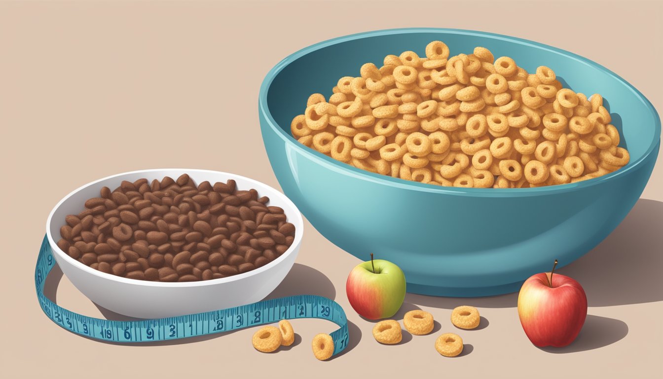 A bowl of Cheerios and Cocoa Krispies next to a measuring tape and apple