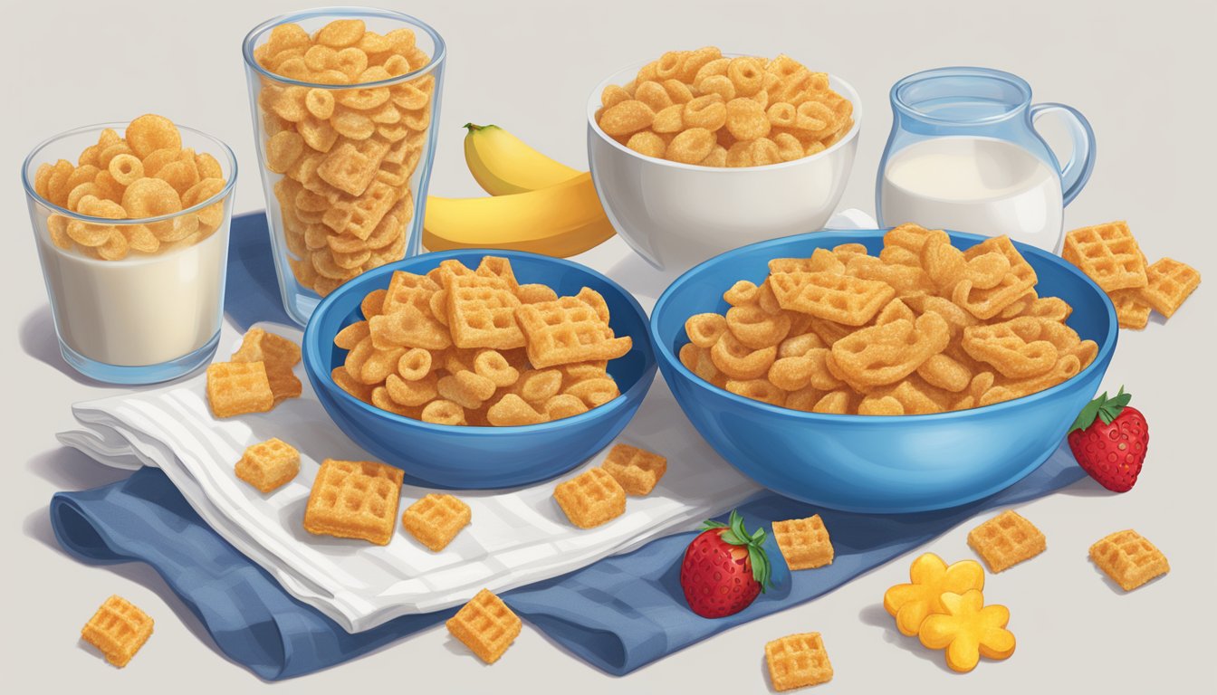 A bowl of Cap'n Crunch and Waffle Crisp cereal side by side, surrounded by fresh fruit and a glass of milk